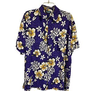 Hawaiian Shirt XL Blue Sky Mens Hibiscus Floral Print Short Sleeve Button-Up Pur